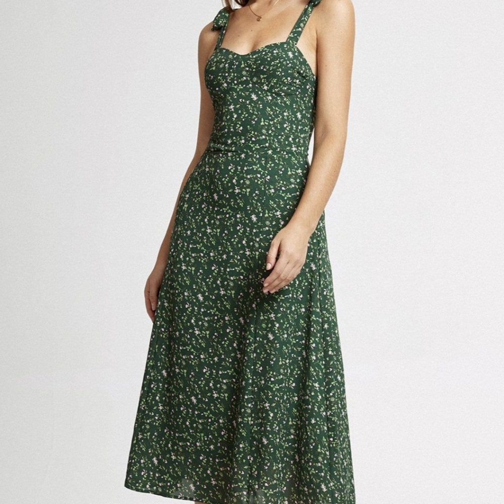Reborn Green & Pink Floral Tie-Straps Smocked Back Lined Midi Dress, XS, Size 2 - Picture 2 of 14